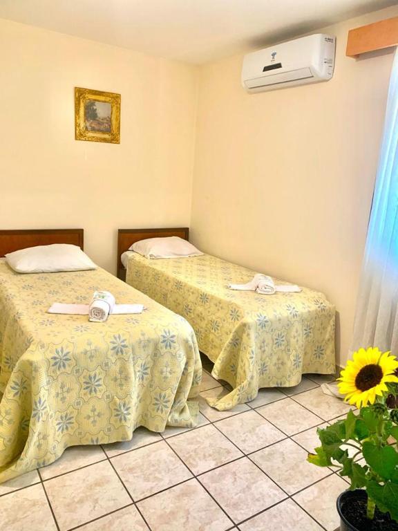 a hotel room with two beds and a window at Hotel São Pedro in São Pedro