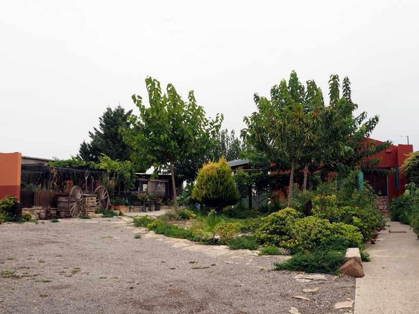un patio con arbustos y árboles y un edificio en Lera de cal roger, en Verdú
