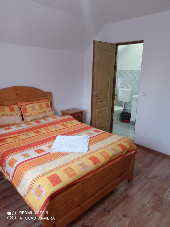 a bedroom with a bed and a mirror at Vila Bucovina in Ciocăneşti