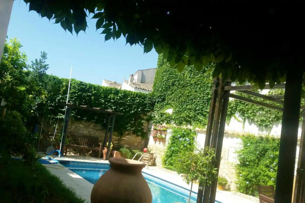 un jarrón grande sentado junto a una piscina en 2 bedrooms property with shared pool enclosed garden and wifi at Ubeda, en Úbeda
