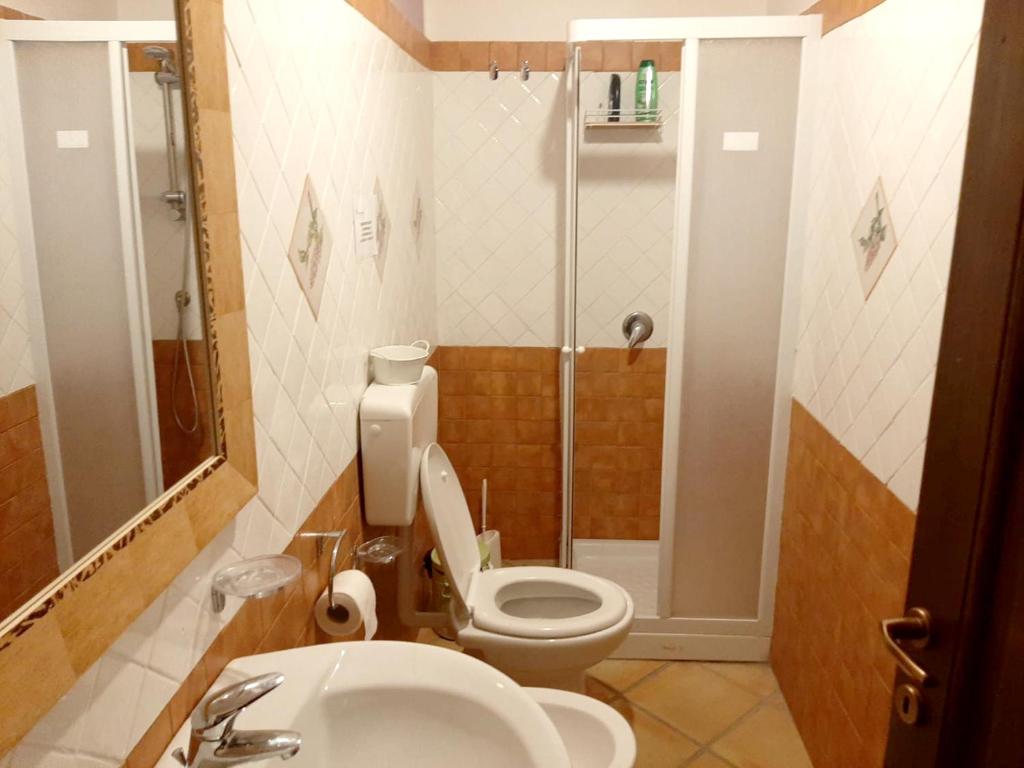 a bathroom with a toilet and a sink and a shower at 5 bedrooms villa with private pool furnished garden and wifi at Bompensiere in Bompensiere