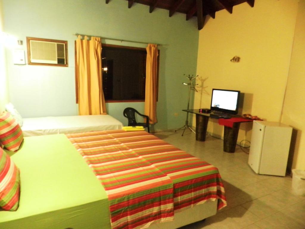 Schlafzimmer mit einem Bett, einem Schreibtisch und einem TV in der Unterkunft Hotel Las Residentas in Luque