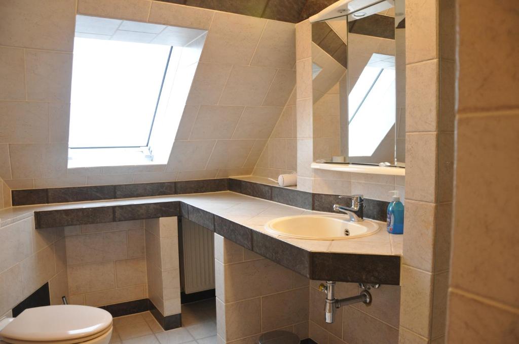 
a bathroom with a toilet, sink, and mirror at Ursprung Apartments in Rostock

