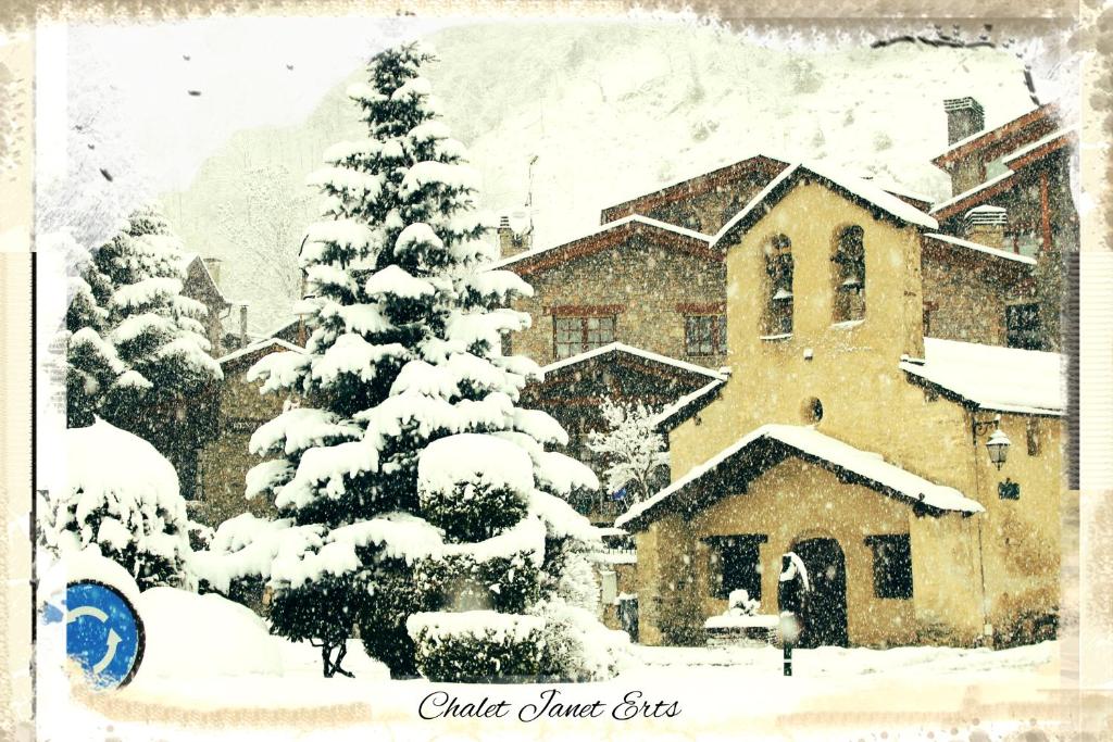 une peinture d'une maison avec un arbre recouvert de neige dans l'établissement CHALET JANET, à Erts
