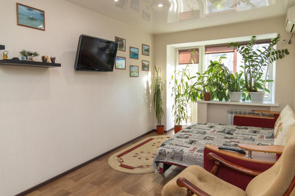 ハバロフスクにあるKimWay Apartmentのリビングルーム(ベッド1台、壁掛けテレビ付)