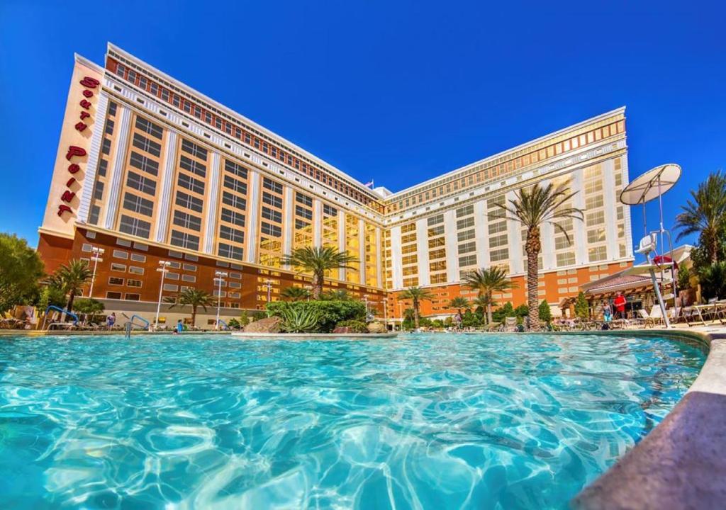 a large swimming pool in front of a hotel at South Point Hotel Casino-Spa in Las Vegas