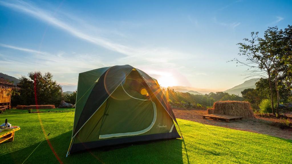 a green tent sitting in a field with the sun setting at โอโซน กางเต็นท์ดูดาว เขาใหญ่ (Ozone Tented Camp See the Star) in Pak Chong