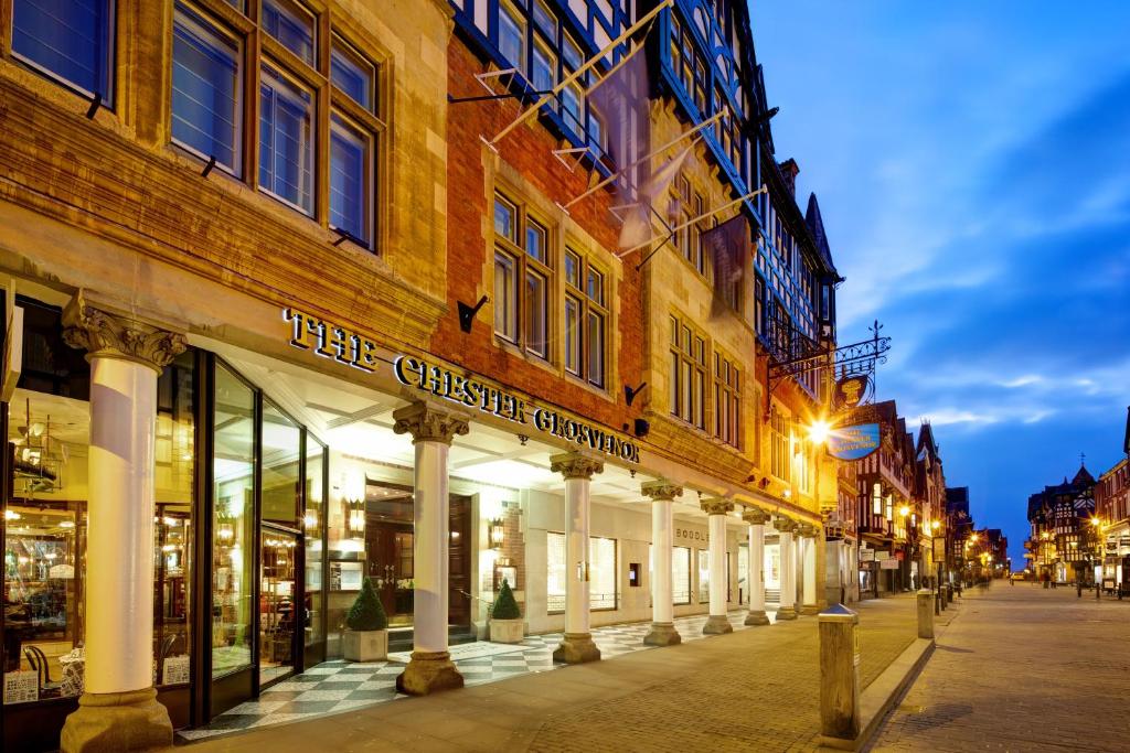 a city street with shops and buildings at The Chester Grosvenor in Chester