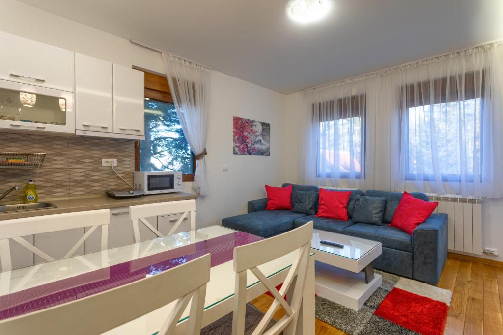cocina y sala de estar con sofá azul en Apartman Gavrilov 3, en Zlatibor