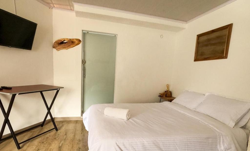 a bedroom with a bed and a table and a television at NOGAL HOSTEL in Pereira