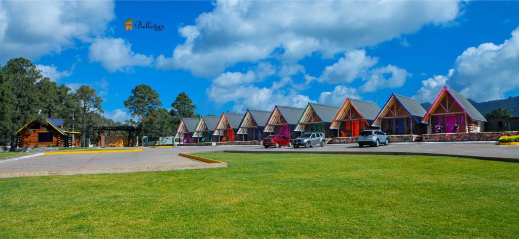 una fila de casas con coches aparcados en el césped en Bellotas Resort, en Surutato