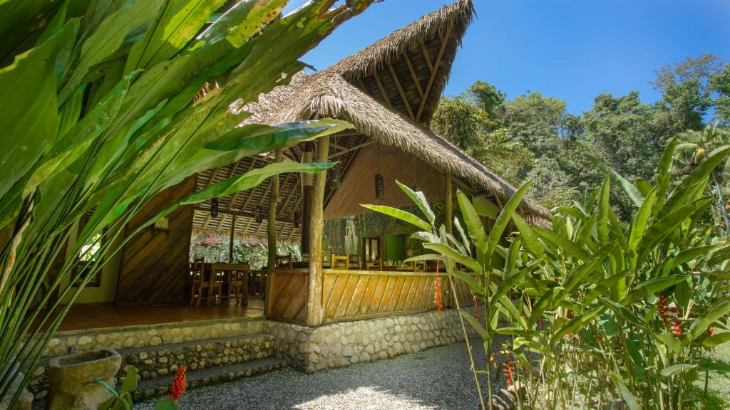 a house with a thatched roof and some plants at Esquinas Rainforest Lodge in Golfito