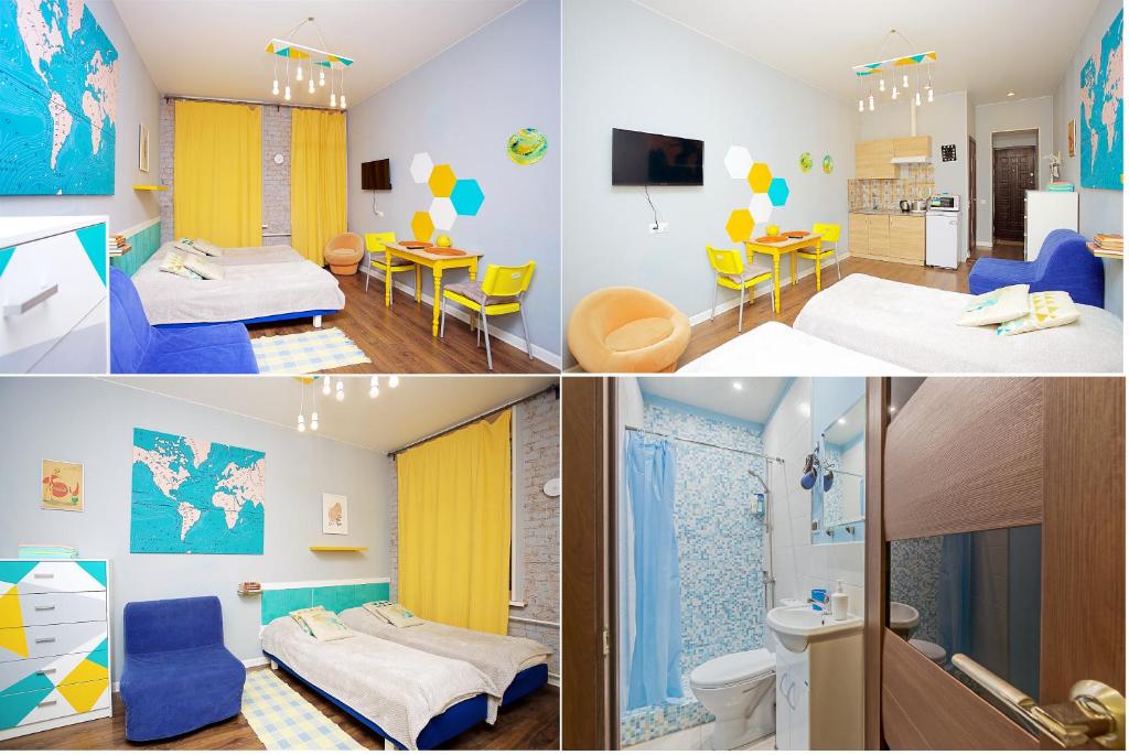 a collage of four pictures of a hospital room at Narvskiye Vorota Apartments in Saint Petersburg