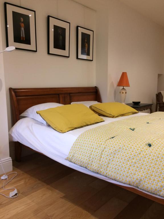 2 letti in una camera con 2 cuscini gialli di Chambre indépendante au Manoir de la Célinais côté cour a Saint-Aubin-du-Cormier