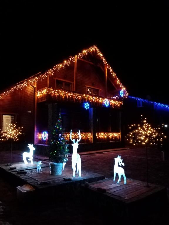 a house decorated with christmas lights and statues of animals at Світанкове сяйво in Yaremche
