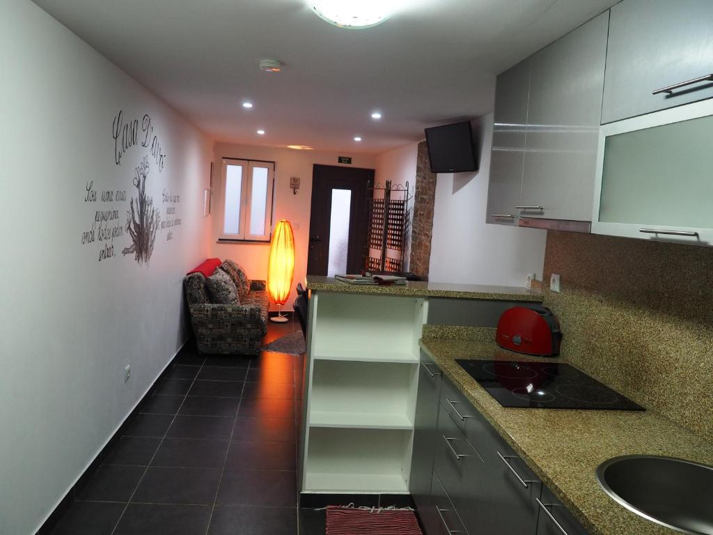 uma cozinha com um lavatório e uma bancada em Casa D'Avó- Serra da Estrela em Sameiro
