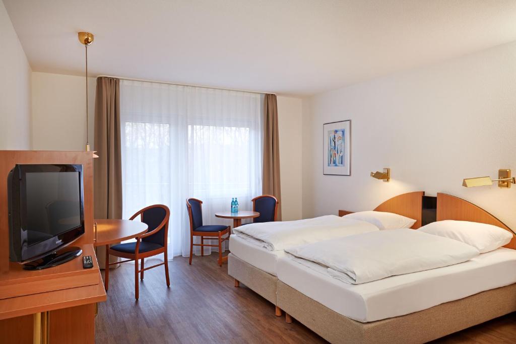 ニーダーンハウゼンにあるミカドール　アパートメントハウスのベッド2台とテレビが備わるホテルルームです。