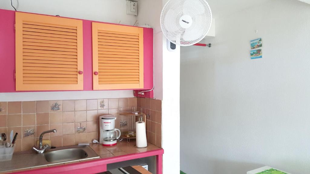 cocina con fregadero y armario rosa en Appartement d'une chambre avec jardin clos et wifi a Baie Mahault, en Baie-Mahault