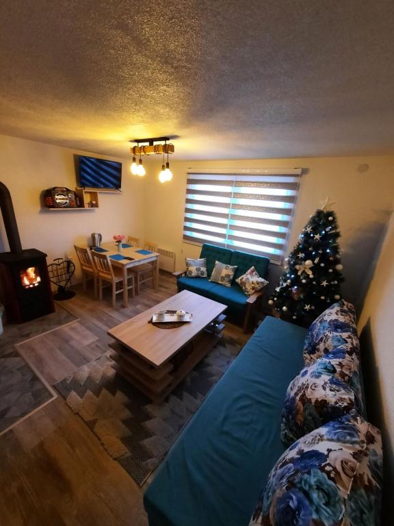 帕莱Deda Simina vikendica的客厅配有蓝色的沙发和圣诞树