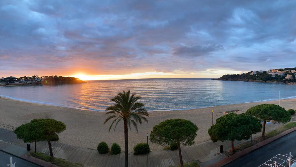 vistas a una playa con palmeras y a la puesta de sol en Hotel Restaurant Sant Pol, en Sant Feliu de Guíxols