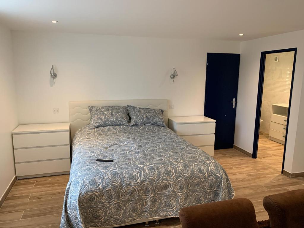 1 dormitorio con 1 cama grande en una habitación en Le gite des mariniers, en Saint-Pierre-de-Boeuf