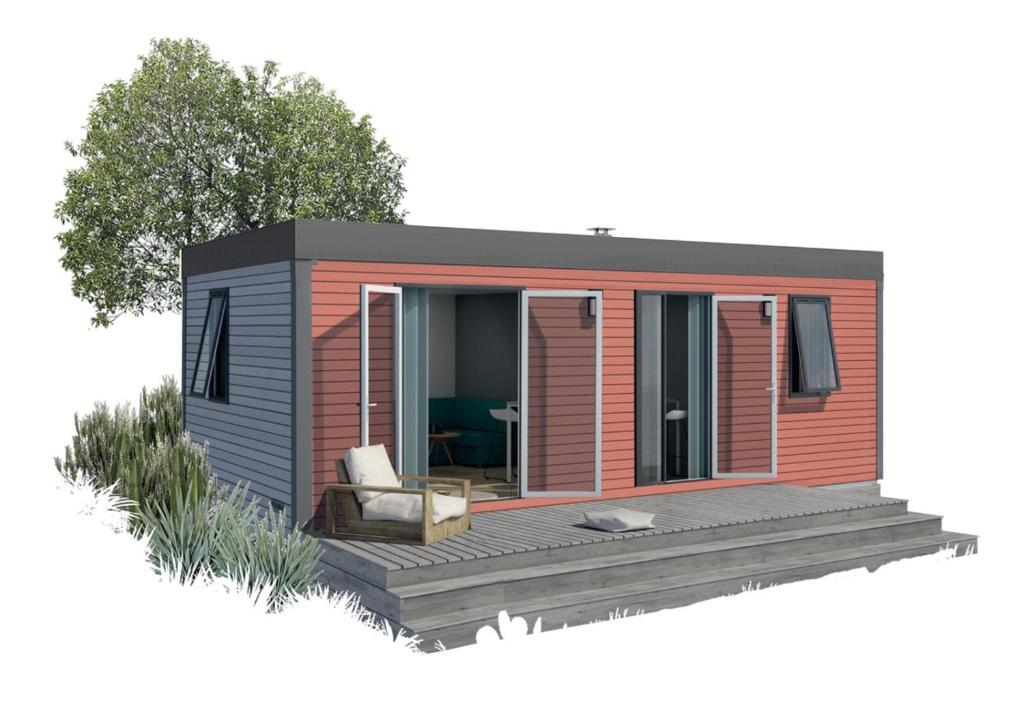a rendering of a tiny house with a deck at 4-persoons Familielodge in Voorthuizen