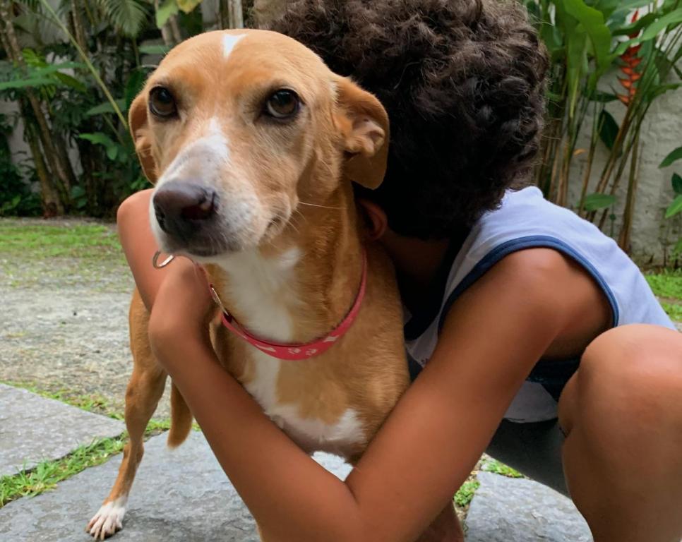 Eine Frau umarmt einen braunen und weißen Hund in der Unterkunft Pousada Manaca in Paraty