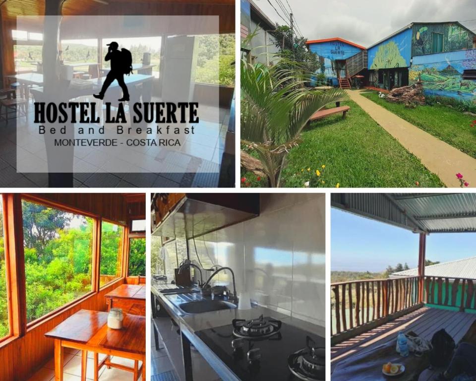 a collage of photos showing a house and a kitchen at Hostel La Suerte in Monteverde Costa Rica
