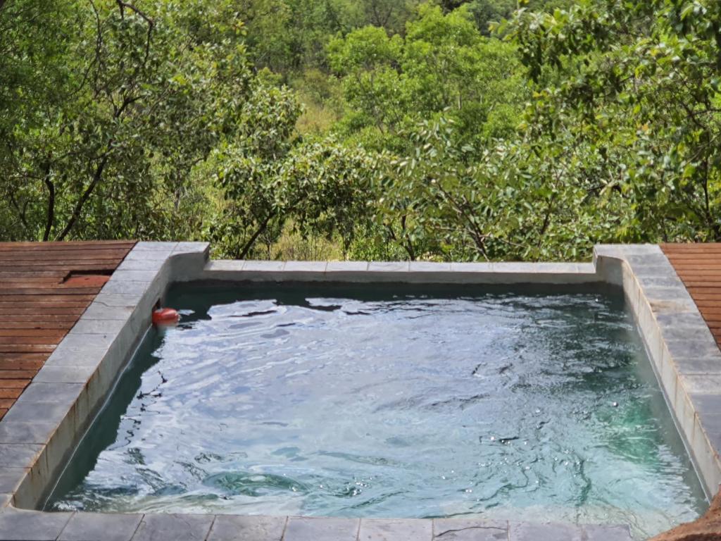 a pool of water with a wooden deck and trees at Rock Cottage, Bela-Bela in Bela-Bela