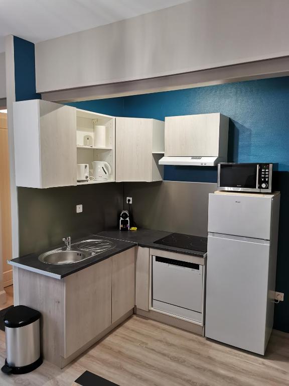 a small kitchen with a sink and a microwave at Monkey 2 SALLES DE BAIN hypercentre 6 pers in Épernay
