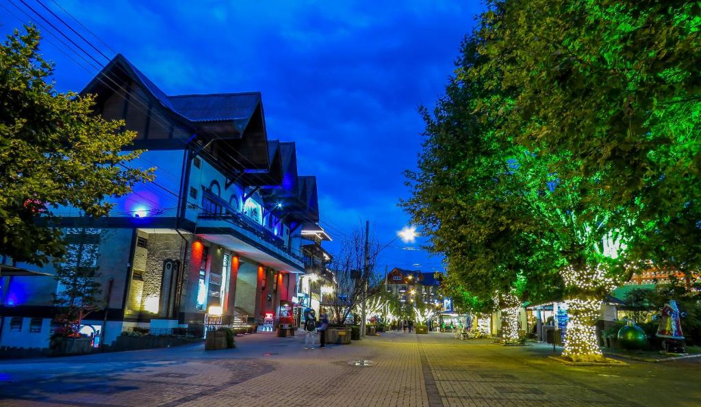 una calle de la ciudad por la noche con un árbol y edificios en Guida Residenza Pousada, en Campos do Jordão