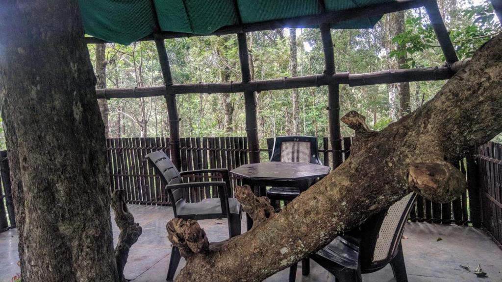 a table and chairs with a large tree trunk at Jungle Jive Tree House Munnar in Munnar