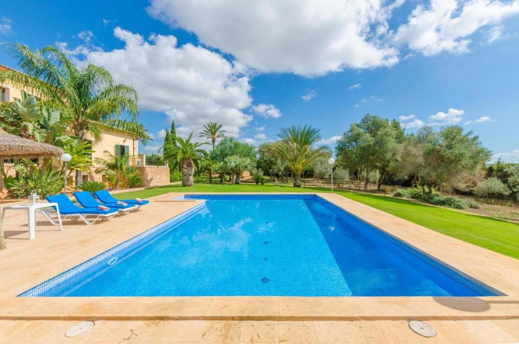 セス・サリネスにある4 bedrooms villa with private pool enclosed garden and wifi at Illes Balears 8 km away from the beachの青い椅子と木々が並ぶ裏庭の青い水のプール