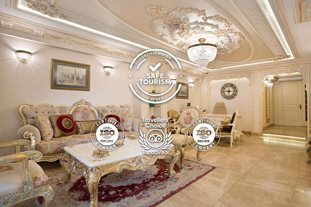 伊斯坦堡的住宿－埃夫申酒店，客厅配有家具和吊灯。