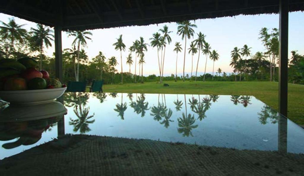 un bol de fruta sentado junto a una piscina de agua en Ifiele'ele Plantation, en Maauga