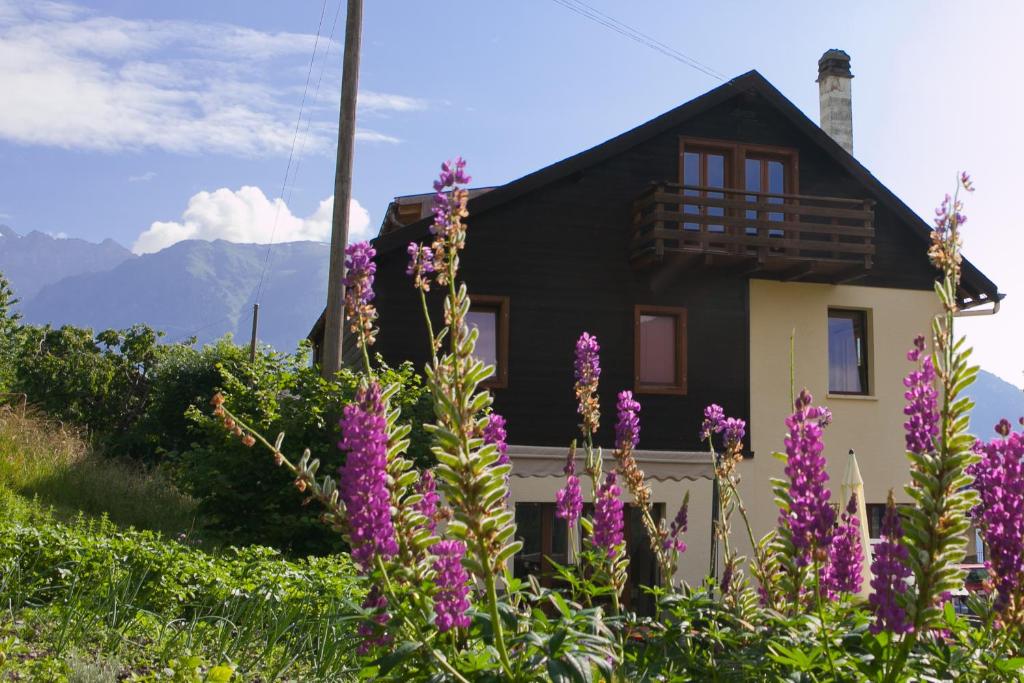 ein Haus mit lila Blumen davor in der Unterkunft Les Soldanelles in Salvan