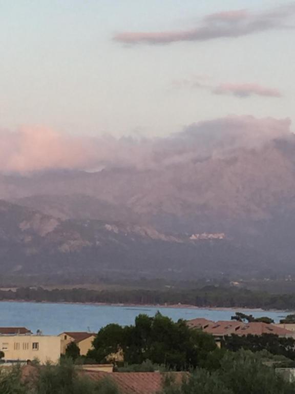 Vue sur une étendue d'eau avec des montagnes en arrière-plan dans l'établissement Appartement vue mer et montagne, à Calvi