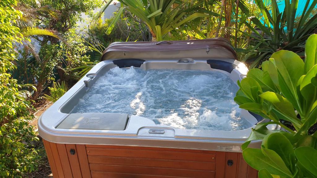 a hot tub sitting in a garden with plants at Poz Lagon in La Saline les Bains