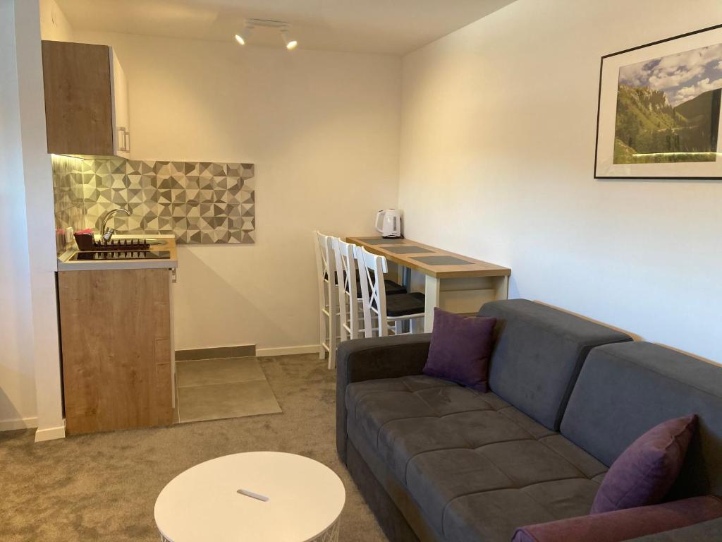 uma sala de estar com um sofá e uma pequena cozinha em Vuk & Sofija Apartmani em Kopaonik