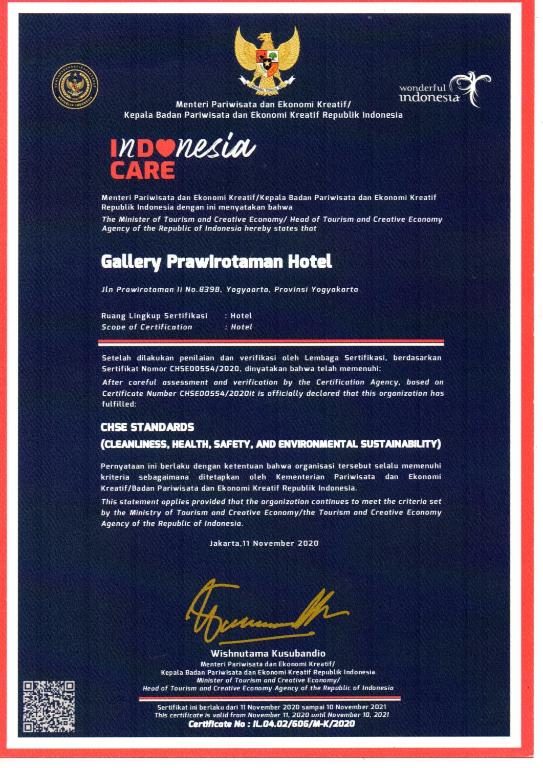 Certifikát, hodnocení, plakát nebo jiný dokument vystavený v ubytování Gallery Prawirotaman Hotel