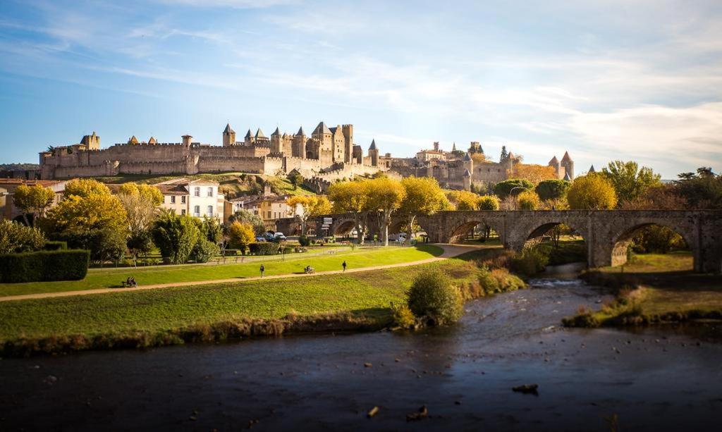 un pont sur une rivière avec un château en arrière-plan dans l'établissement barbacane, à Carcassonne