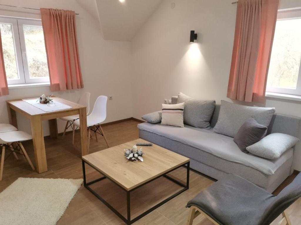 a living room with a couch and a table at Vila Vrh in Crni Vrh