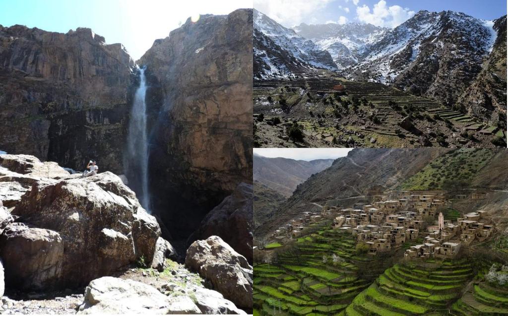 a collage of photos of a waterfall and a mountain at Gîte Tamsoulte in Imlil