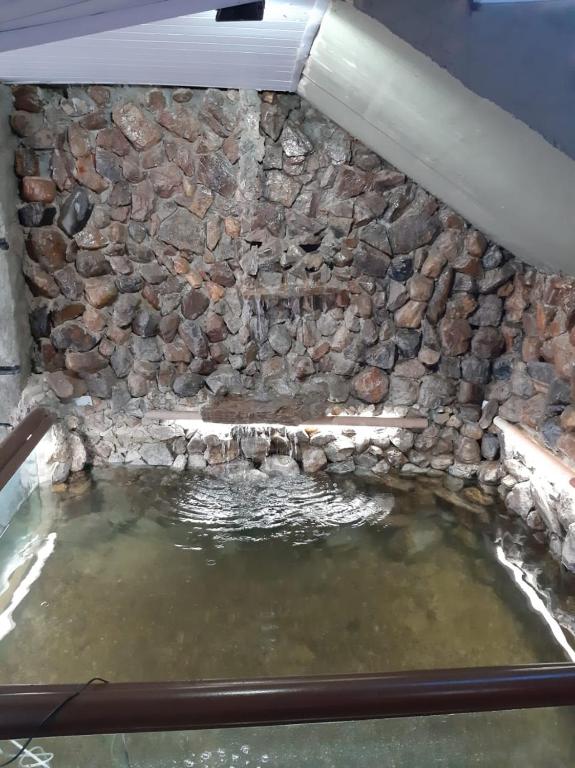 a pool of water next to a stone wall at Pousada Centaurus in Alto Paraíso de Goiás
