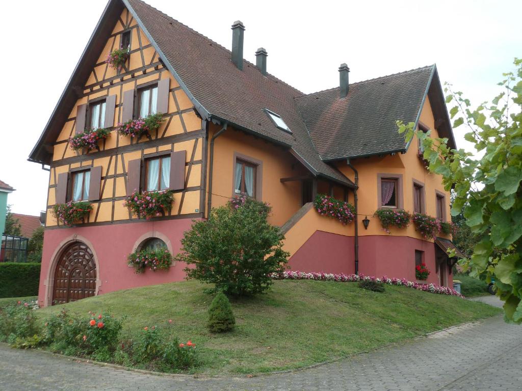 uma casa com caixas de flores na frente em Marronnier em Epfig