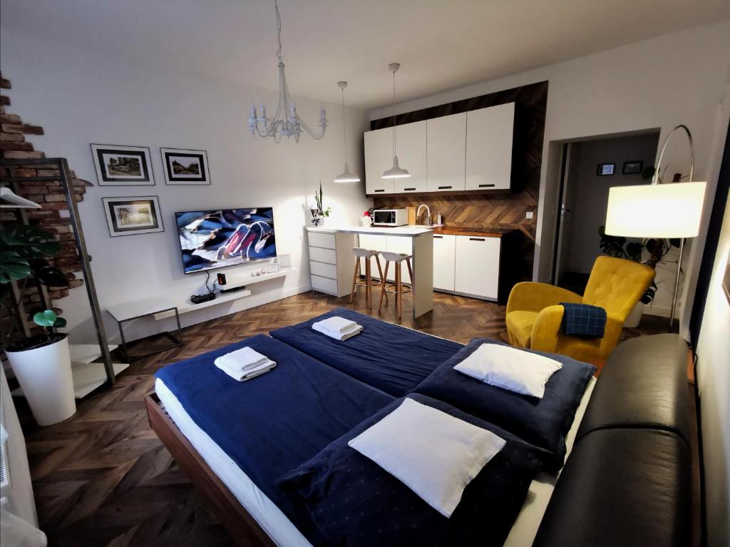 a bedroom with a bed and a couch and a kitchen at Apartamenty Orkana in Bielsko-Biala