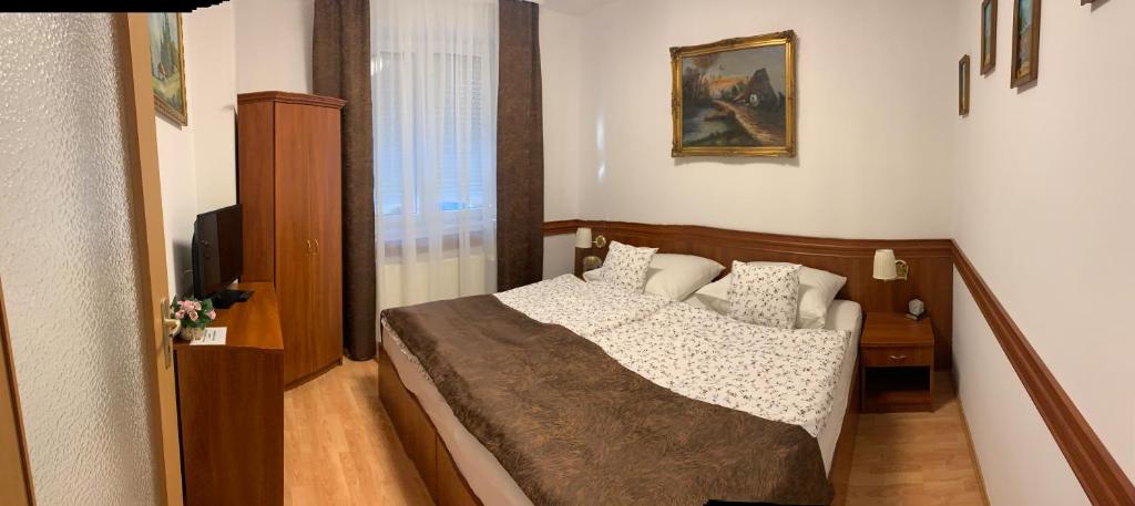 ヘーヴィーズにあるKőnig apartmanの小さなベッドルーム(ベッド1台、窓付)
