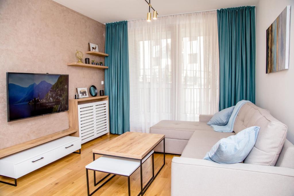 un soggiorno con divano bianco e TV di Apartman Teodor a Zlatibor