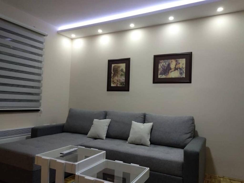 ein Wohnzimmer mit Sofa und Tisch in der Unterkunft Studio Veve Lux in Zlatibor