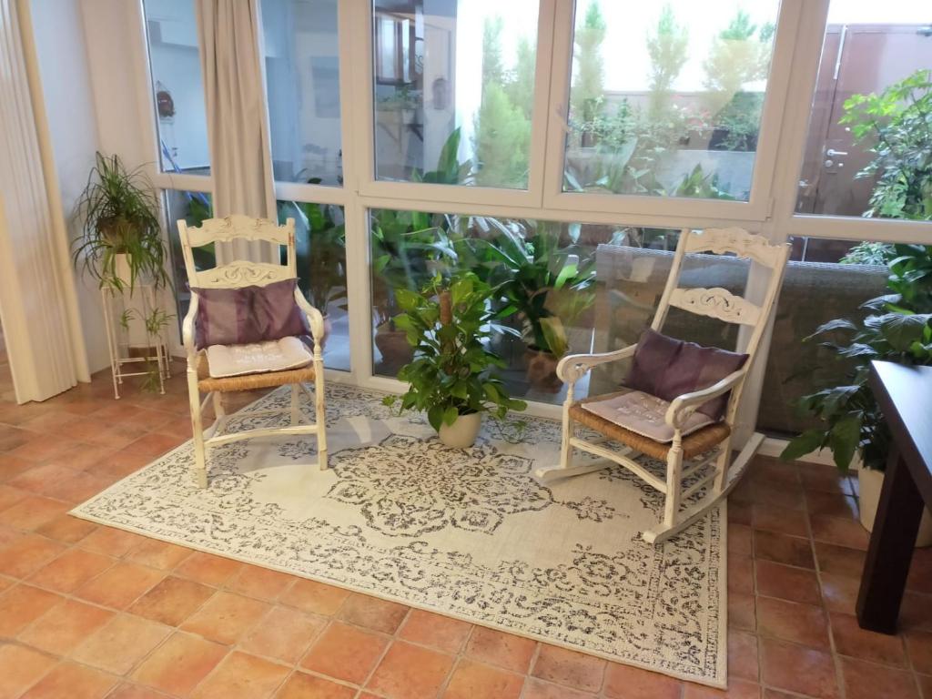 two chairs sitting on a rug in a room with windows at Casabobastro in Ardales